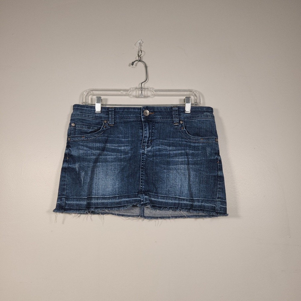 L.E.I. Denim Micro Mini Skirt Juniors 11 Blue Raw Hem Ashley Trouble Distressed